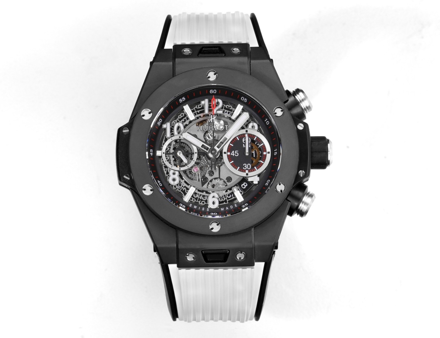 Hublot Big Bang Ceramic Replica 45MM Premium Black Case White Rubber Strap Edition RG-HUBLOT-CERAMIC-WHITE-45
