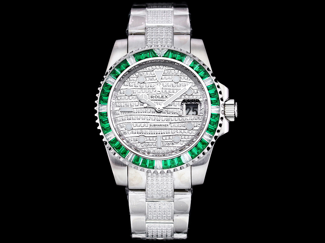 Rolex Submariner Green Baguette Diamond Replica 42MM Premium Meteorite Dial Pav&eacute; Oyster Bracelet RG-ROLEX-SUB-GREEN-BAGUETTE-42