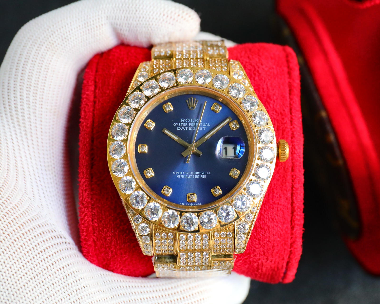 Rolex Day-Date Gold Blue Iced Replica 42MM Premium Full Gold Bracelet Blue Dial Edition