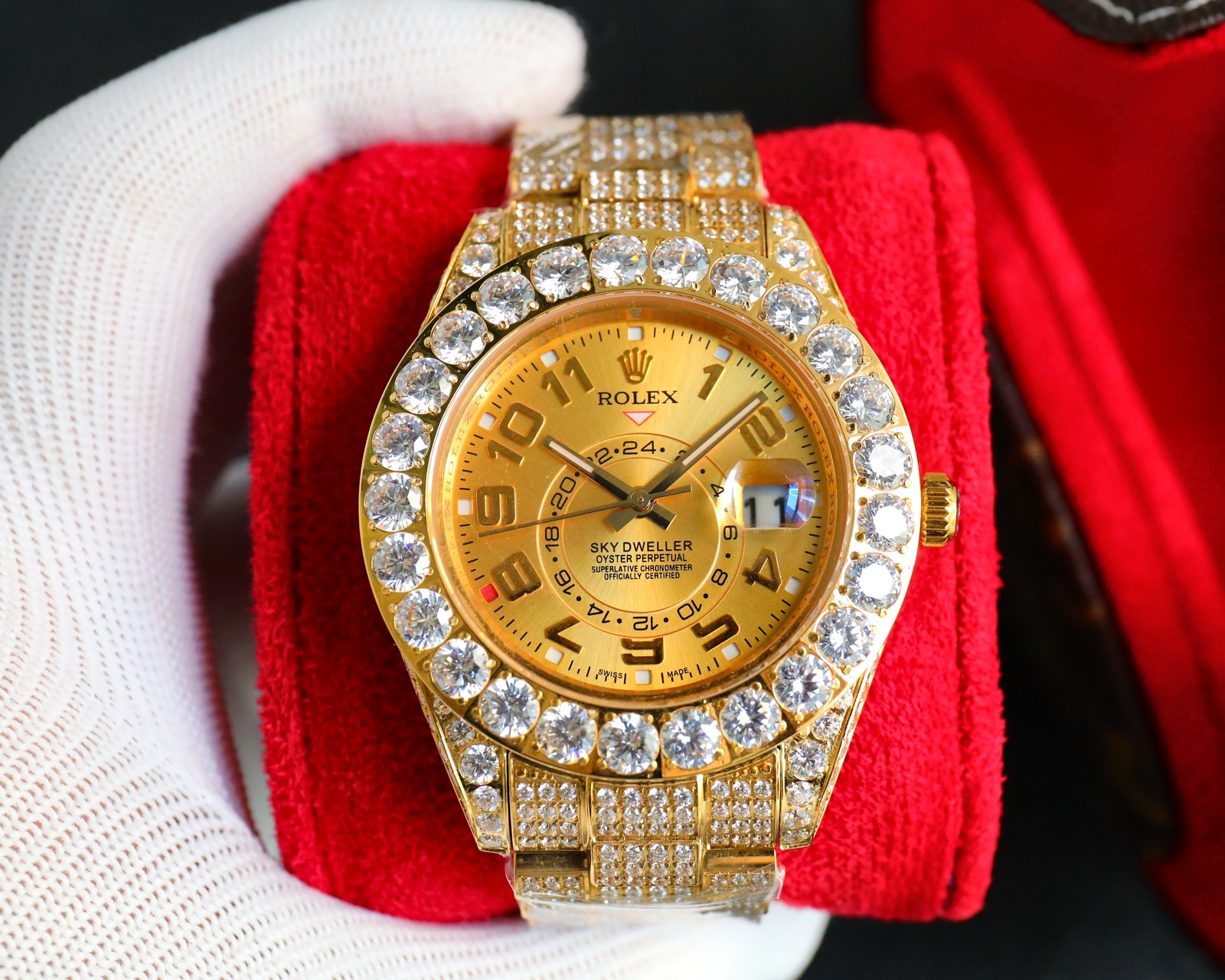 Iced Out Sky-Dweller Gold Watch Full Diamond Bracelet Ultimate 42MM