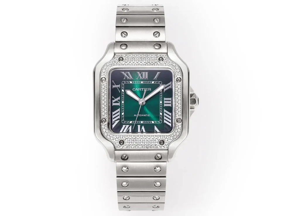 Cartier super clone Santos Green Dial Diamond Steel Bracelet Premium 40MM