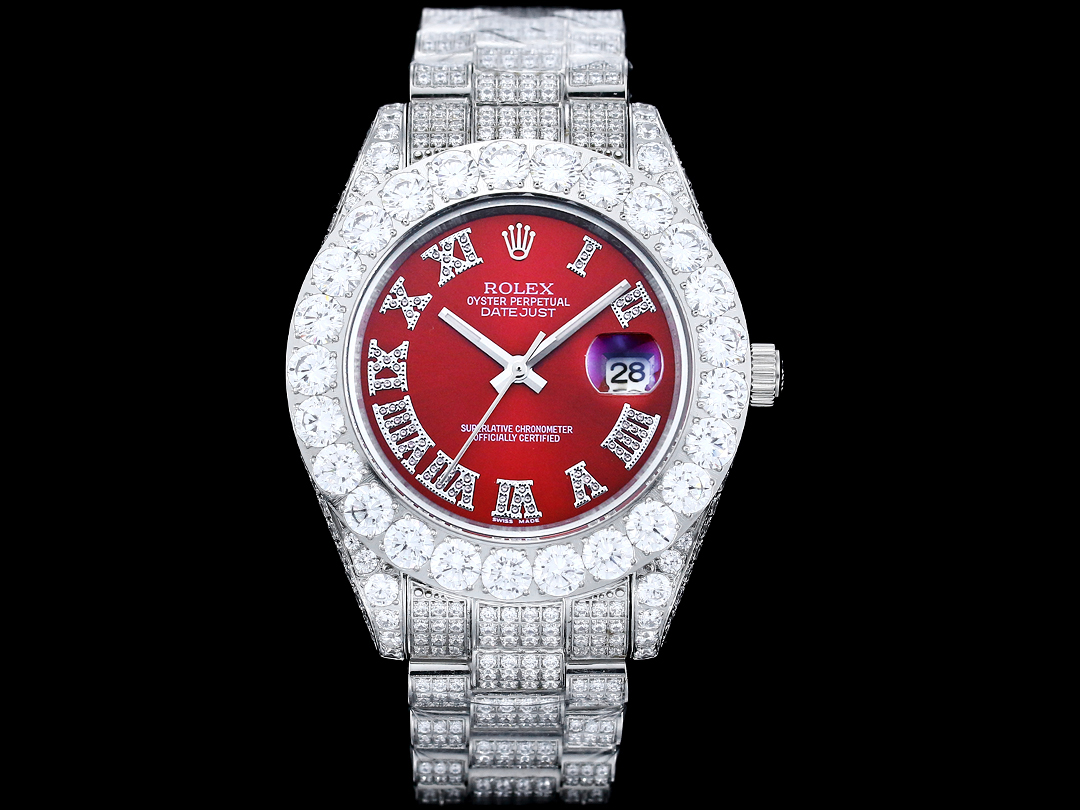 Rolex Datejust Red Diamond Replica 42MM Premium Iced Steel Bracelet Red Dial Edition