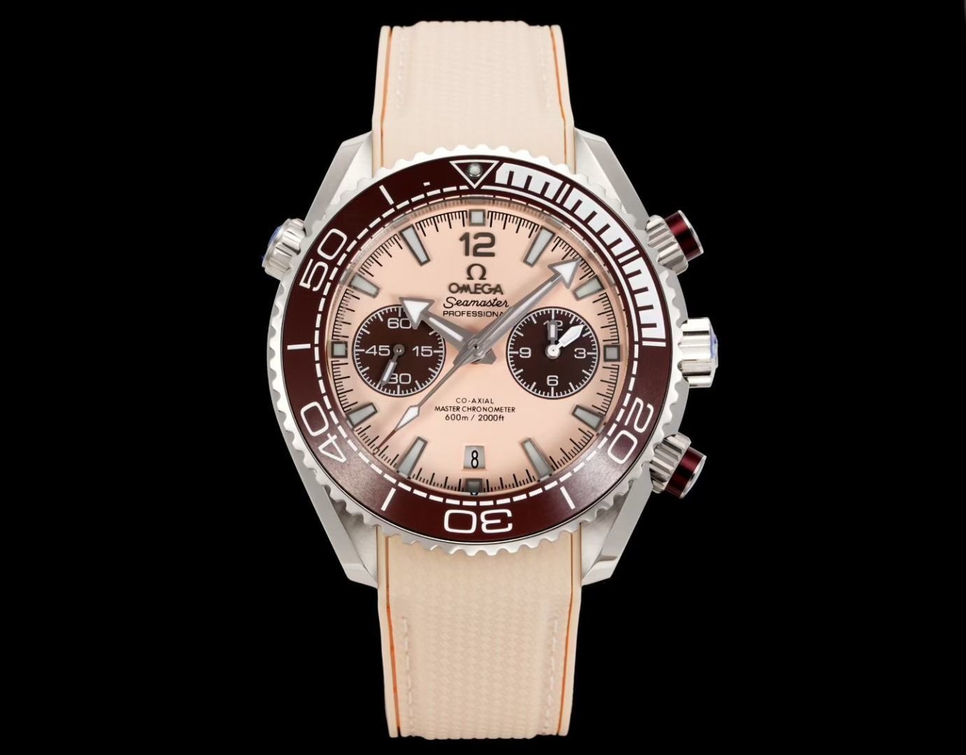 Omega Seamaster Planet Ocean 600M Chronograph 45.5mm Beige Dial Burgundy Ceramic Bezel Rubber Strap Automatic OMG-PO600-CHRONO-21532465109001-RUBBER