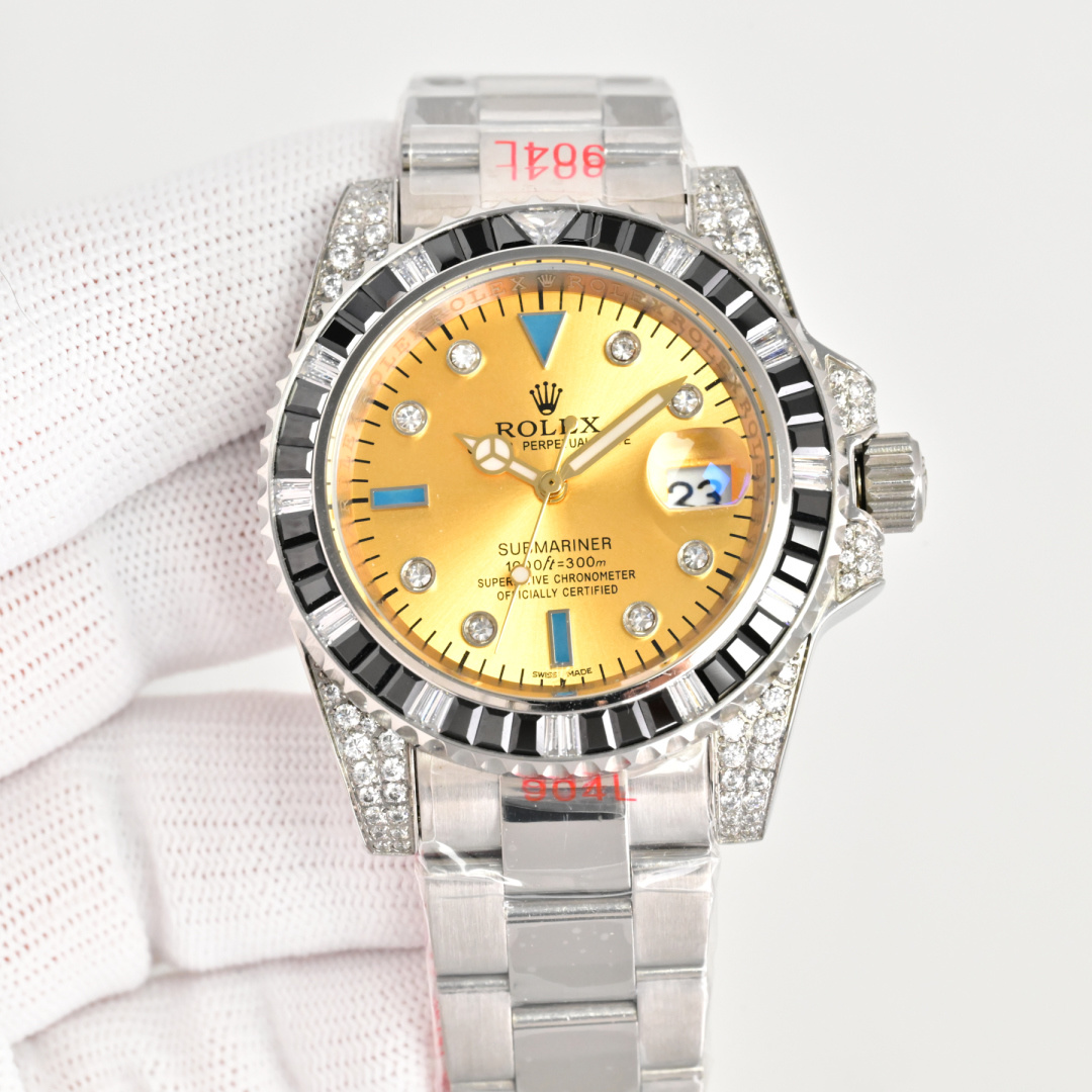 Rolex Submariner Gold Dial Diamond Replica 40MM Premium Black Baguette Bezel Steel Oyster Bracelet RG-ROLEX-SUB-GOLD-DIAMOND-40