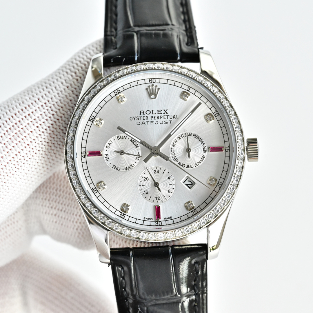Rolex Datejust R76 Silver Replica 41MM Premium Leather Strap Multi-Function Edition
