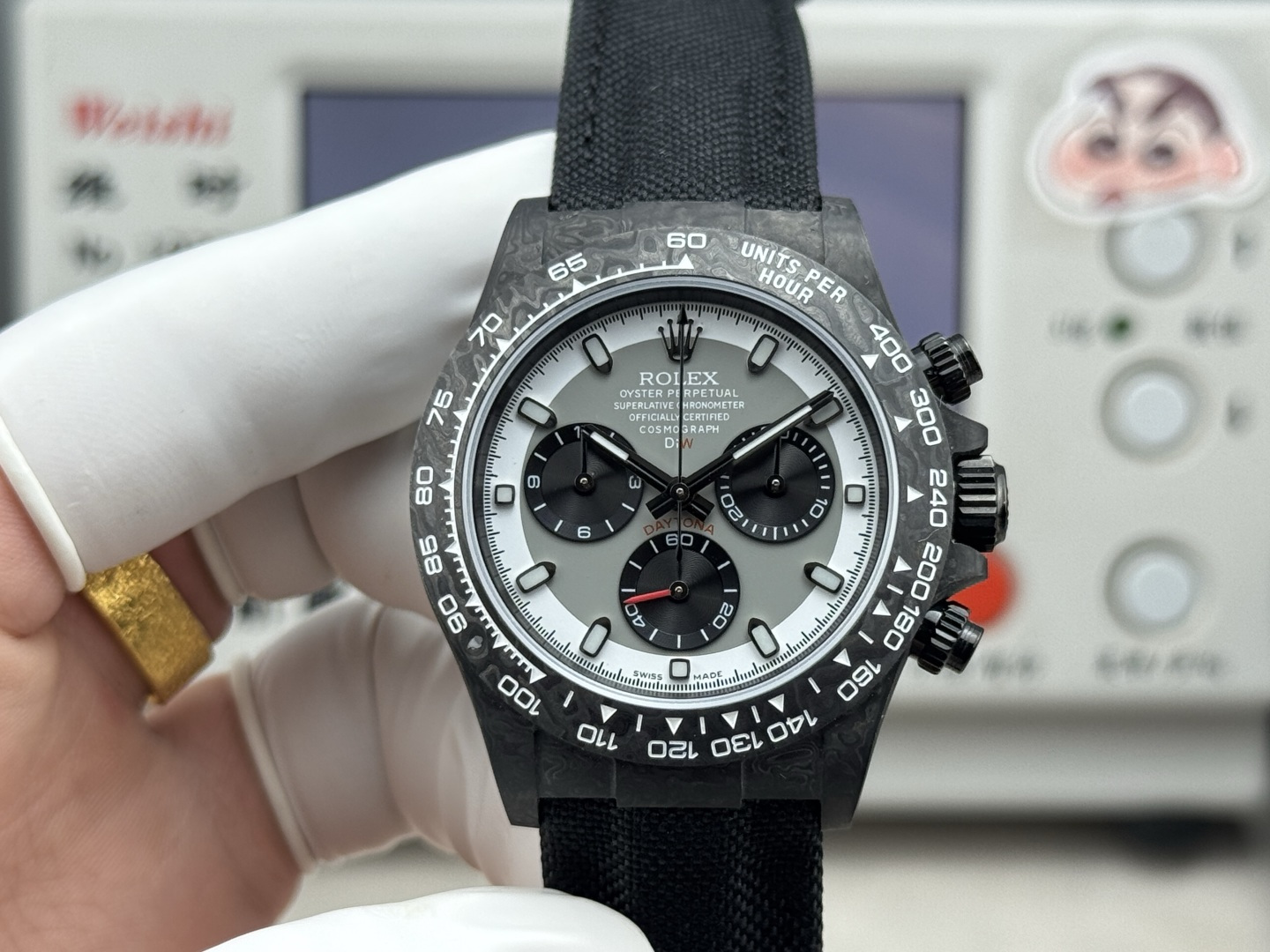 Rolex Daytona Carbon Fiber Panda Replica 40MM Premium Black Fabric Strap R74-BLACK-WHITE