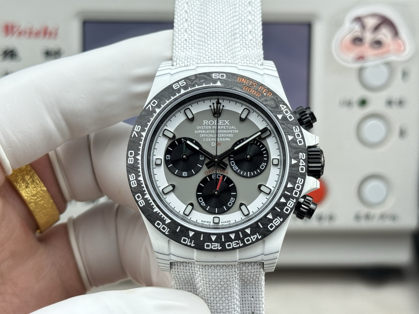 Rolex Daytona Carbon Fiber Panda White Strap Replica 40MM Premium Black Bezel Edition R74-WHITE-STRAP