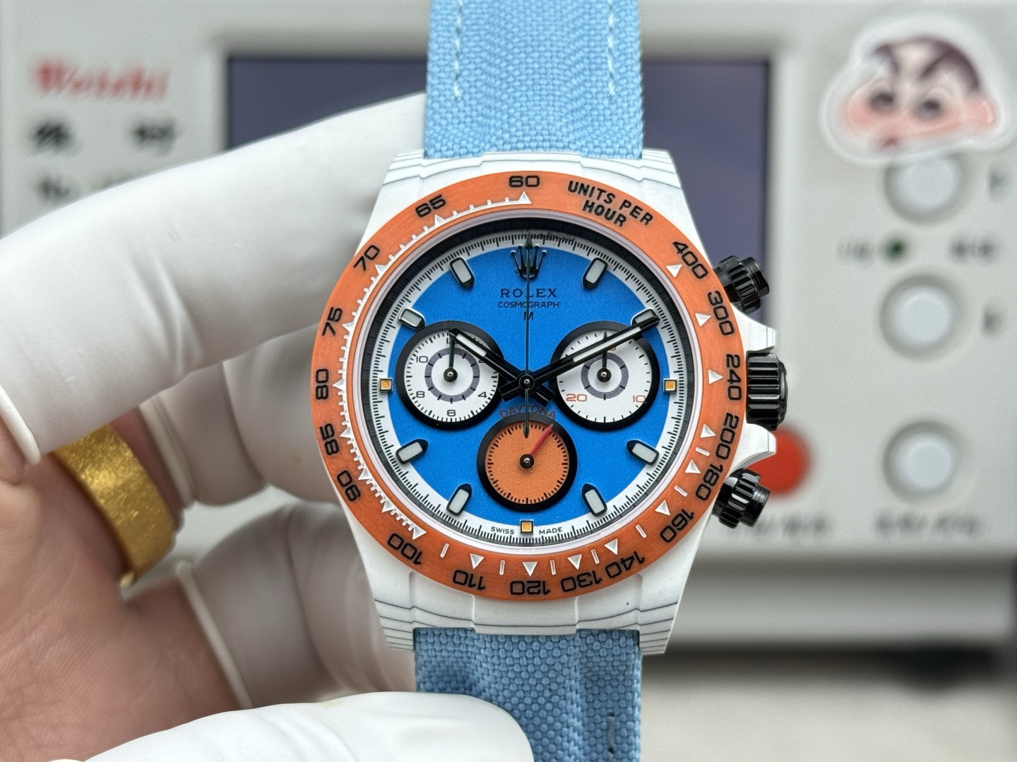 Rolex Daytona Carbon Fiber Replica 40MM Exclusive Blue Dial Orange Bezel Fabric Strap R74