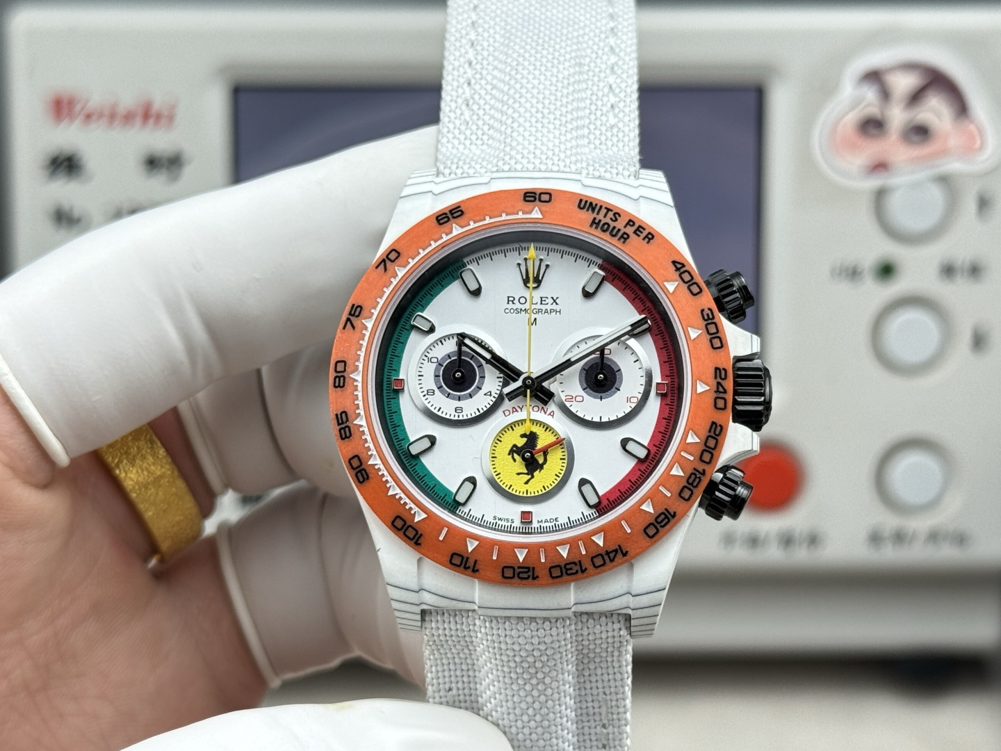 Rolex Daytona Carbon Fiber White Replica 40MM Exclusive Orange Bezel White Fabric Strap R74