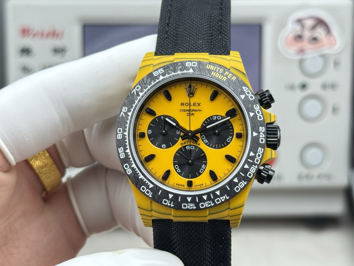 Rolex Daytona Yellow Replica 40MM Premium Carbon Fiber Black Fabric Strap R74-YELLOW