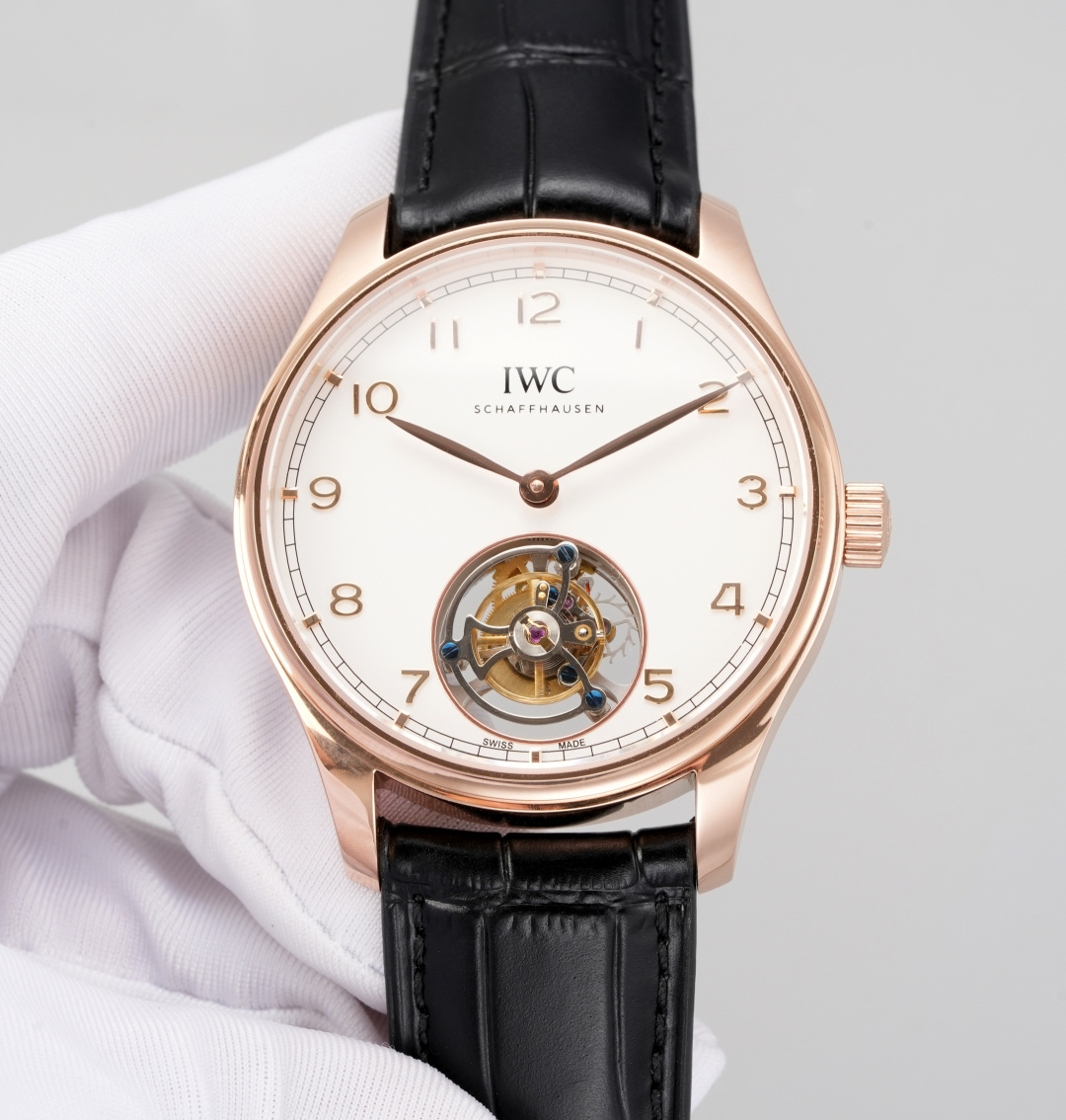 IWC Tourbillon Rose Gold Replica 42MM Premium White Dial Black Leather Strap Edition RG-IWC-TOURBILLON-RG-42
