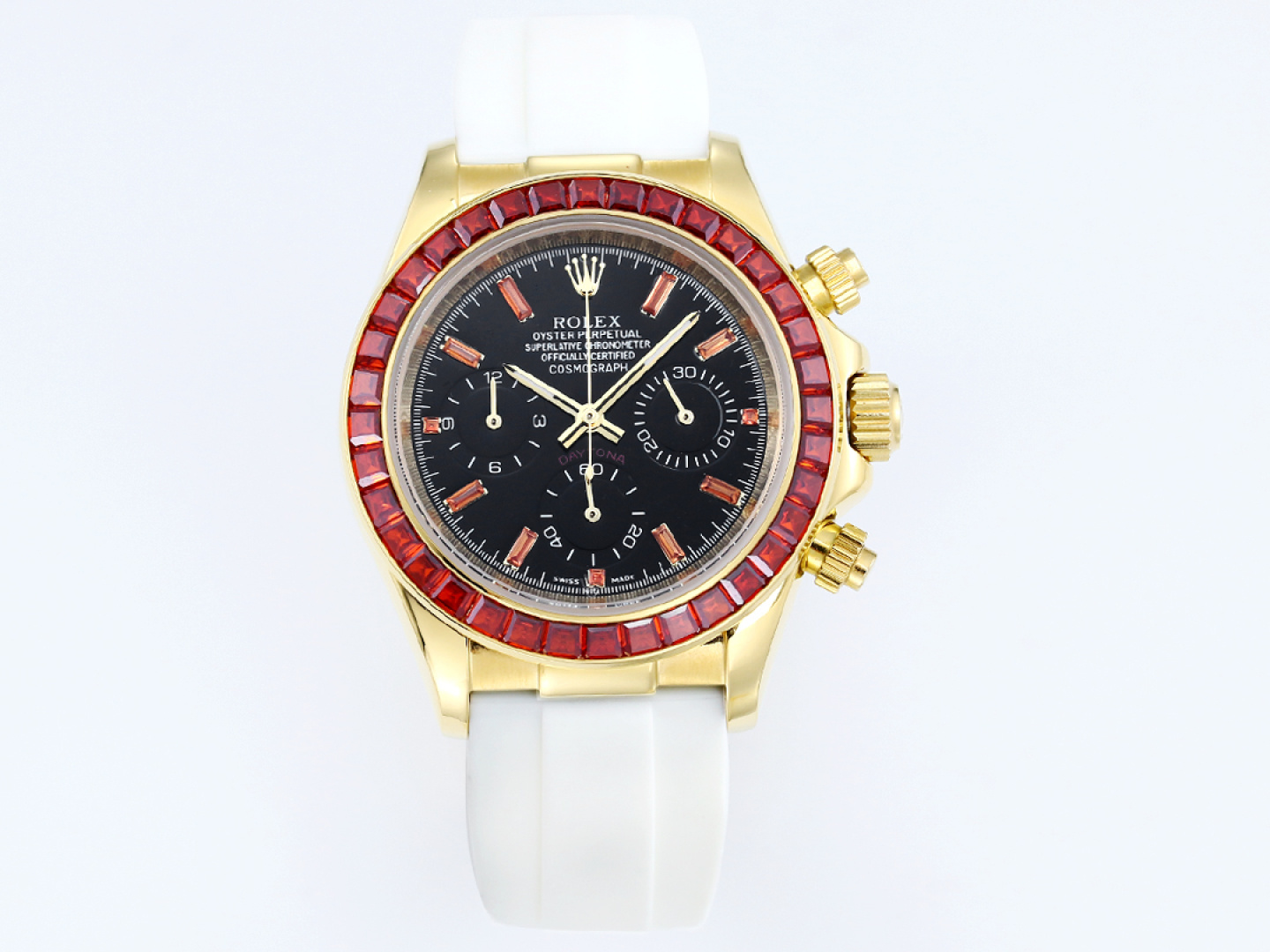 Rolex Daytona Ruby Replica 43MM Exclusive Gold Case White Rubber Strap Edition RG-ROLEX-DAYTONA-RUBY-43