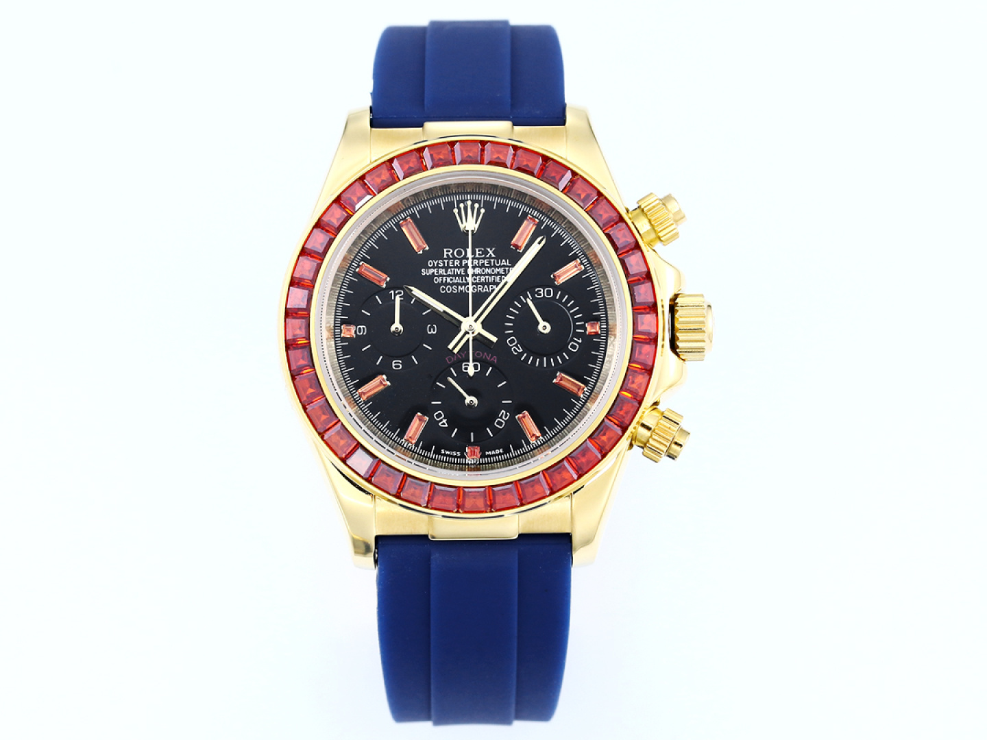 Rolex Daytona Ruby Blue Strap Replica 43MM Exclusive Gold Case Edition RG-ROLEX-DAYTONA-RUBY-BLUE-43