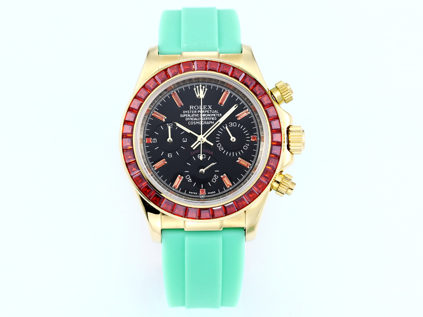 Rolex Daytona Ruby Mint Strap Replica 43MM Exclusive Gold Case Edition RG-ROLEX-DAYTONA-RUBY-MINT-43