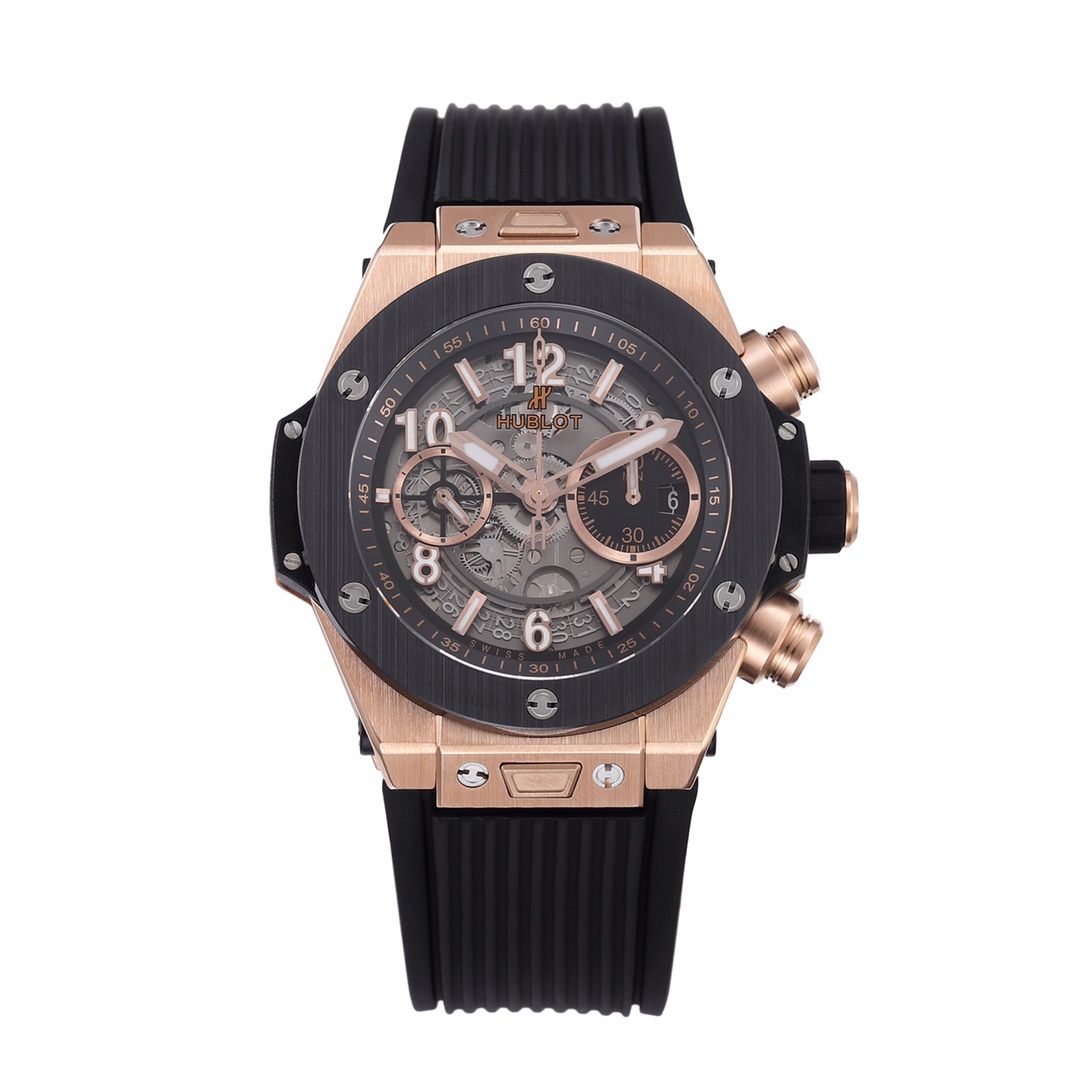 Hublot Big Bang Rose Gold Replica 44MM Premium Black Bezel Rubber Strap Edition RG-HUBLOT-BIGBANG-RG-44