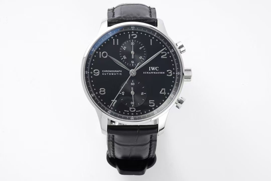 IWC Portugieser Black Replica 40MM Premium Chronograph Black Leather Strap Edition RG-IWC-PORTUGIESER-BLACK-40