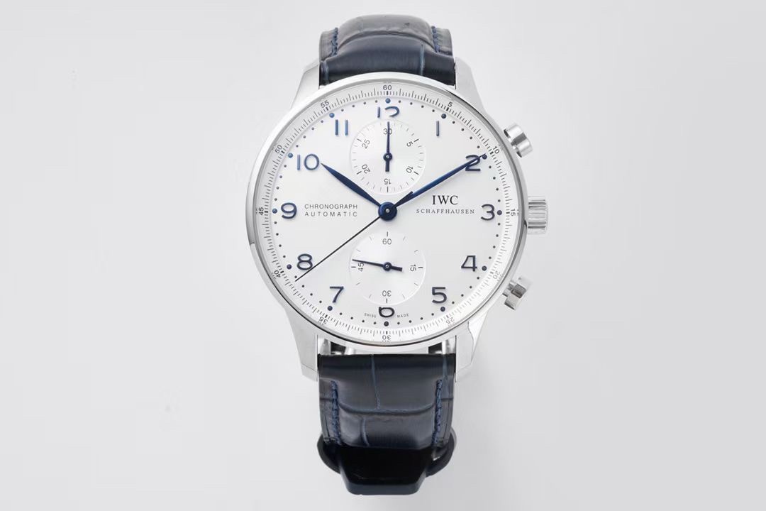 IWC Portugieser White Blue Replica 40MM Premium Chronograph Blue Leather Strap Edition RG-IWC-PORTUGIESER-WHITEBLUE-40