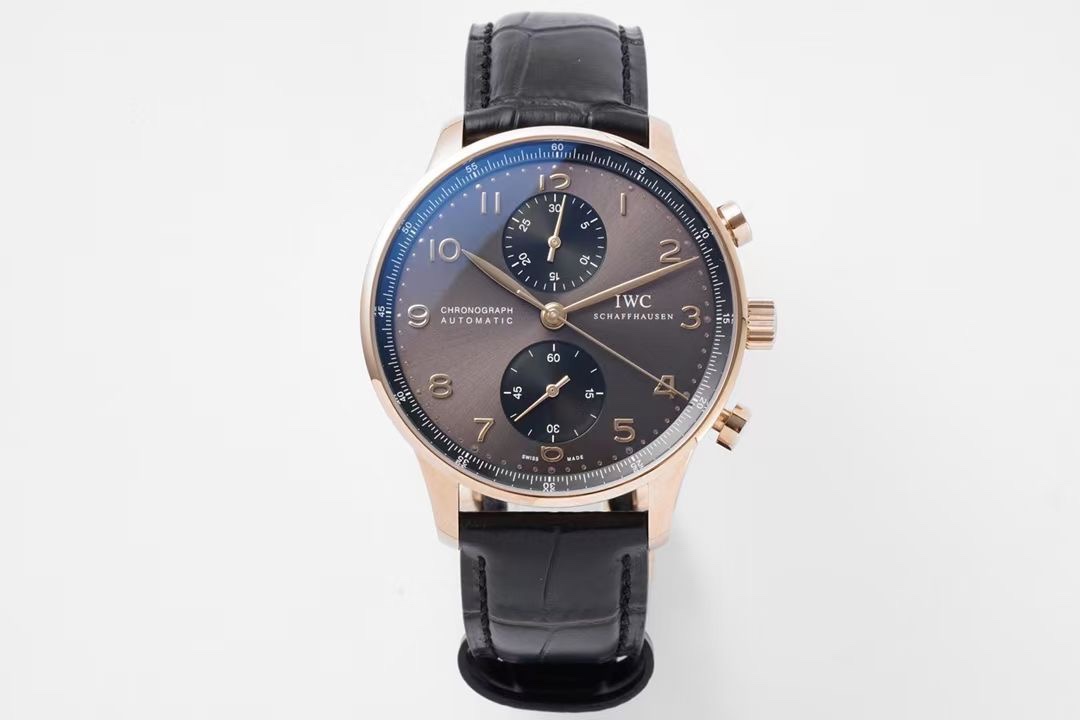 IWC Portugieser Grey Gold Replica 40MM Premium Chronograph Black Leather Strap Edition RG-IWC-PORTUGIESER-GREYGOLD-40