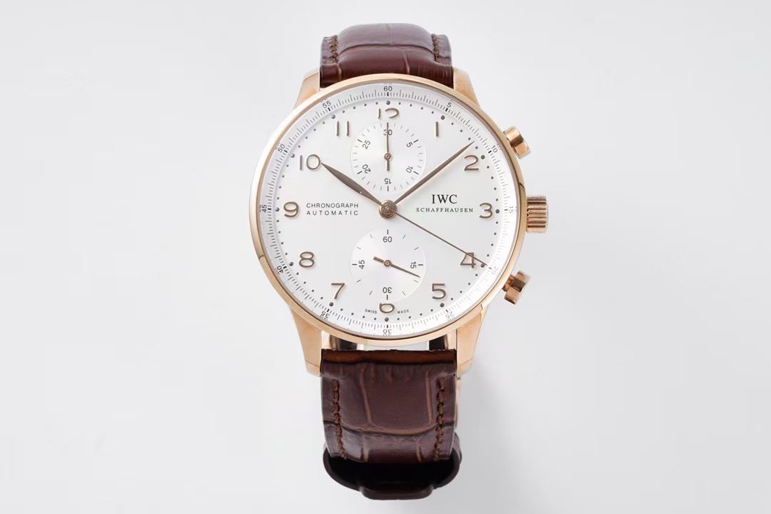 IWC Portugieser White Gold Replica 42MM Premium Chronograph Brown Leather Strap Edition RG-IWC-PORTUGIESER-WHITEGOLD-42