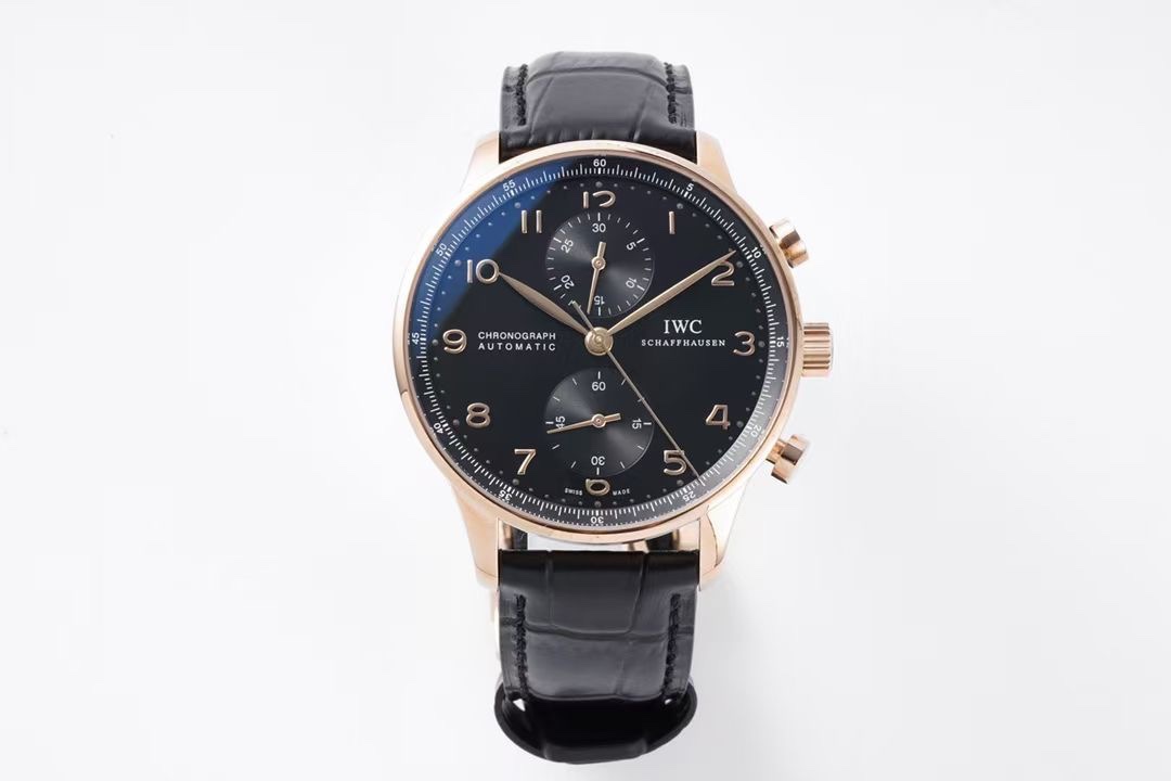 IWC Portugieser Black Gold Replica 42MM Premium Chronograph Black Leather Strap Edition RG-IWC-PORTUGIESER-BLACKGOLD-42