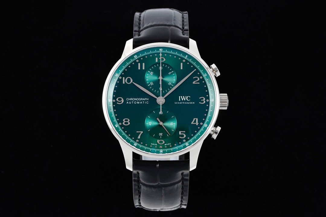IWC Portugieser Green Replica 41MM Premium Chronograph Black Leather Strap Edition IW371617