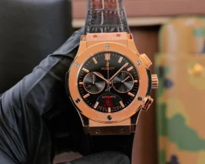 super clone Hublot Classic Fusion Black Dial Rose Gold Leather Strap Premium 45MM