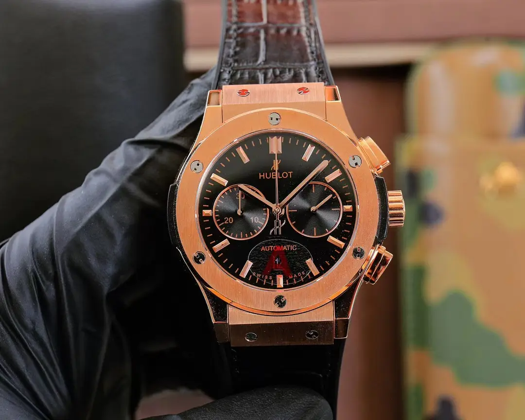 super clone Hublot Classic Fusion Black Dial Rose Gold Leather Strap Premium 45MM