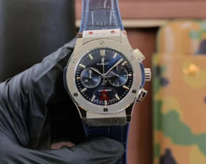 super clone Hublot Classic Fusion Blue Dial Blue Leather Strap Premium 45MM