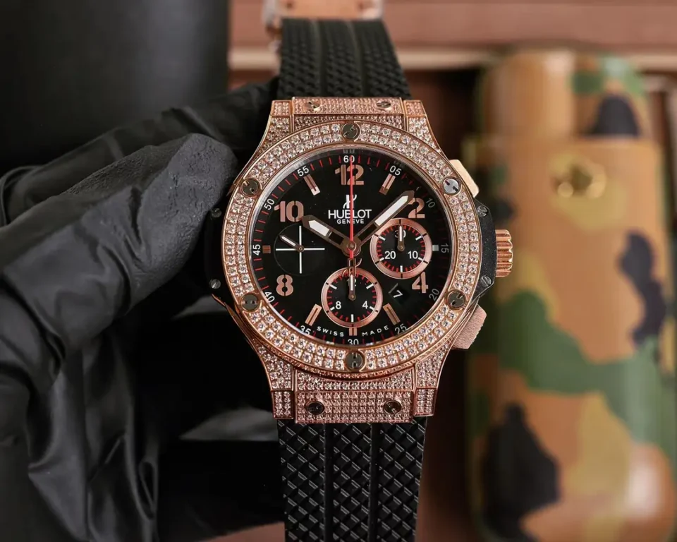 Super Clone Hublot Big Bang Black Dial Diamond Rubber Strap Premium 44MM
