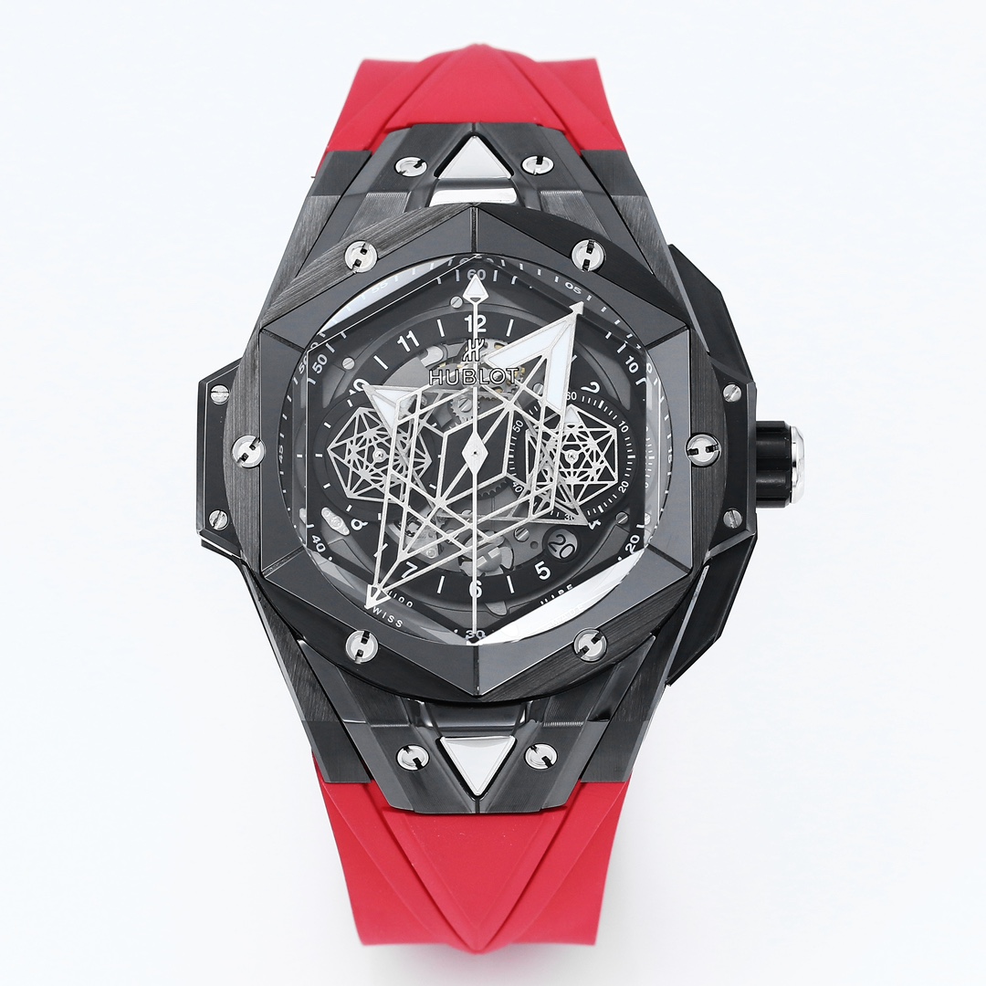Hublot Big Bang Sang Bleu Replica 45MM Premium Black Ceramic Red Rubber Strap Edition RG-HUBLOT-SANGBLEU-RED-45