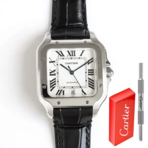 Cartier super clone Santos White Dial Black Leather Strap Premium 39.8MM