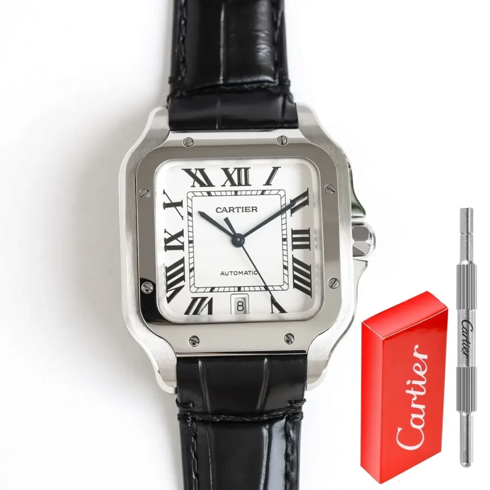 Cartier super clone Santos White Dial Black Leather Strap Premium 39.8MM