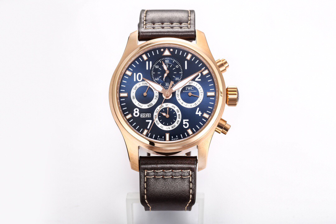 IWC Pilot Perpetual Calendar Blue Replica 42MM Premium Rose Gold Case Brown Leather Strap Edition IW392202