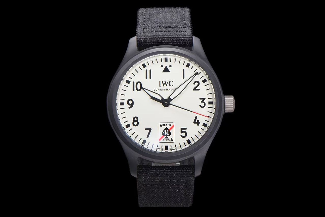 IWC Pilot Black Aces Replica 41MM Exclusive White Dial Black Fabric Strap Edition RG-IWC-BLACK-ACES-41