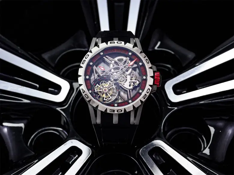 Super Clone Roger Dubuis Excalibur Red Skeleton Rubber Strap Premium 45MM