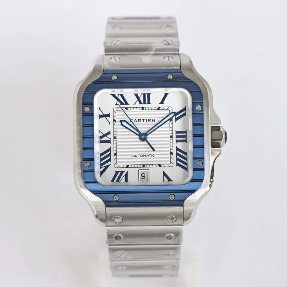 Cartier super clone Santos Blue Bezel White Dial Steel Bracelet 40MM Premium