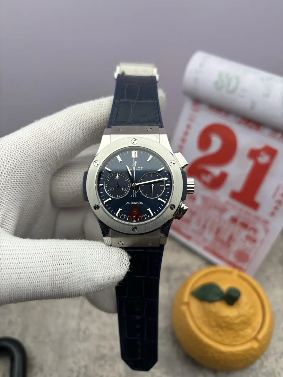 Super Clone Hublot Classic Fusion Blue Dial Rubber Strap 44MM Premium Chronograph