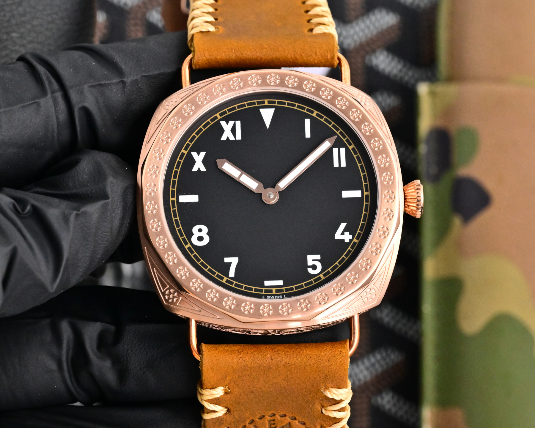Panerai Radiomir Rose Gold Replica 47MM Premium Engraved Bezel Brown Leather Strap Edition