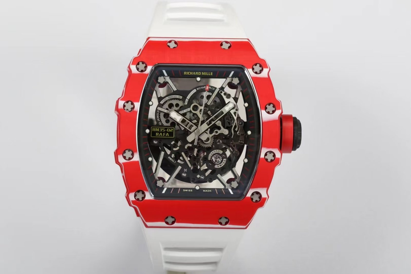 Richard Mille RM35-02 Automatic Skeleton Watch Red Carbon Fiber Case White Strap RMAL1 Movement Premium Edition RM-RM35-02-RED-WHT-SKL