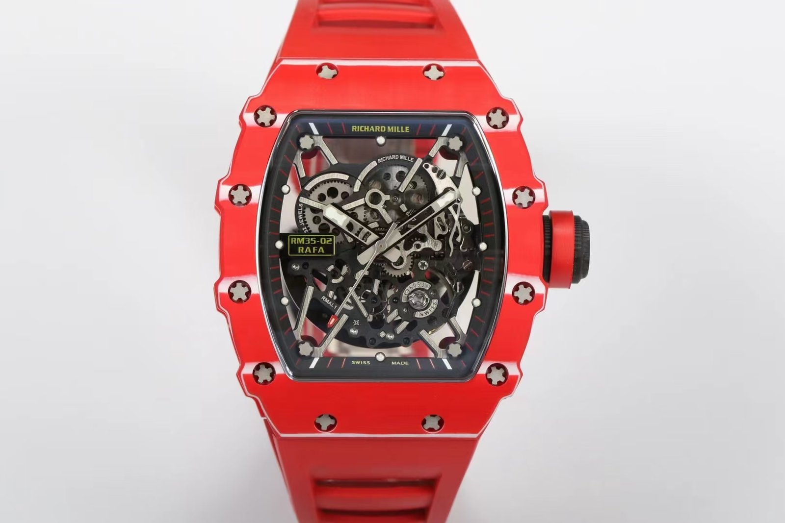 Richard Mille RM35-02 Automatic Skeleton Watch Red Carbon Fiber Case Red Strap RMAL1 Movement White Gemstone Shock Absorber Premium Edition RM-RM35-02-RED-RED-SKL