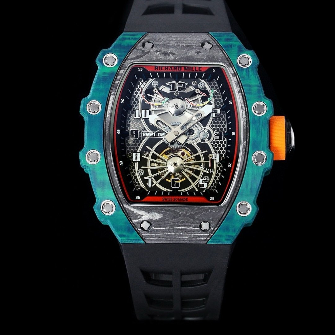 Richard Mille RM21-01 Automatic Skeleton Watch 40MM Black Carbon Fiber Case Blue Bezel Premium Edition RM-RM21-01-BLK-CARBON-BLU-40