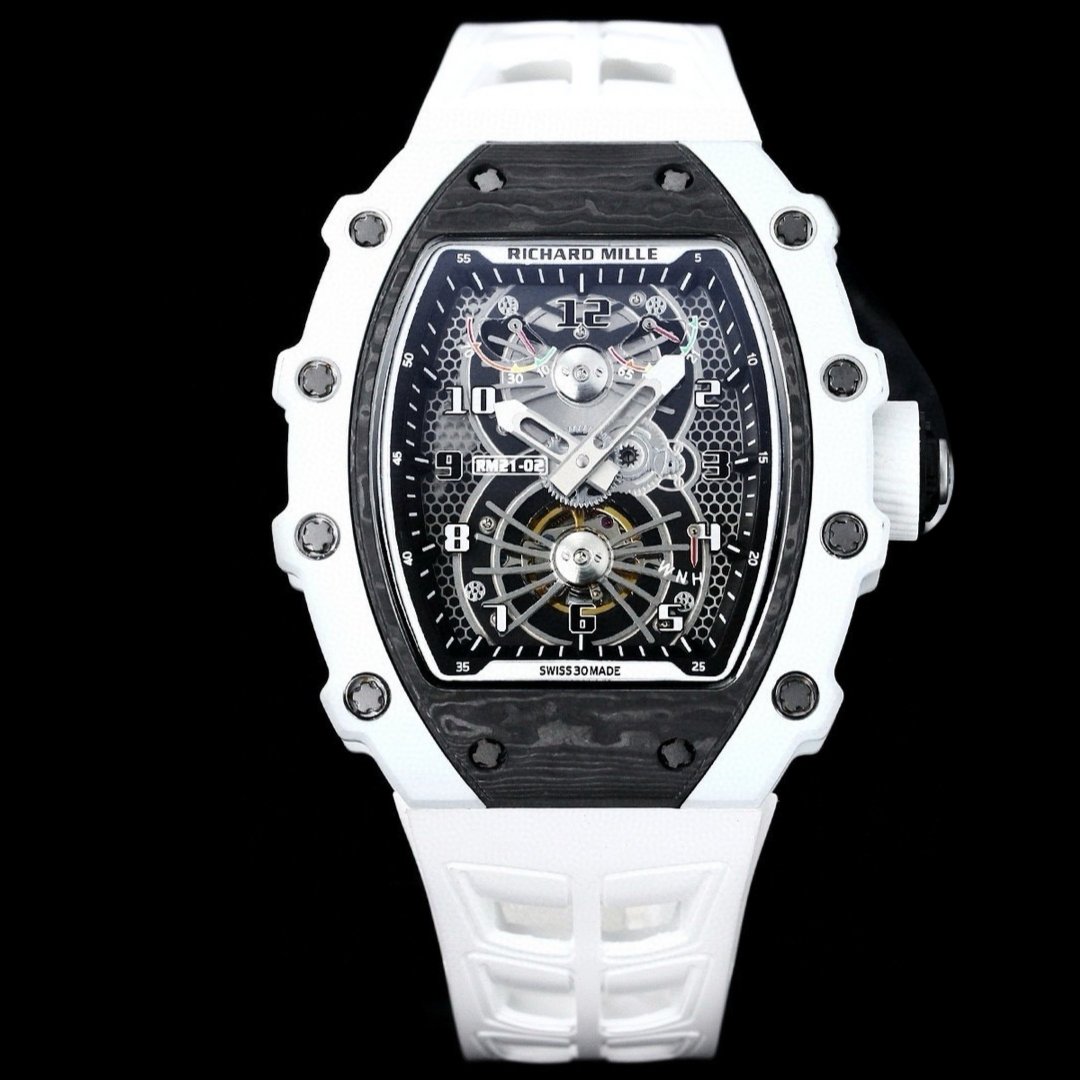 Richard Mille RM21-01 Automatic Skeleton Watch 40MM Black Carbon Fiber Case White Bezel White Strap Premium Edition RM-RM21-01-BLK-CARBON-WHT-40