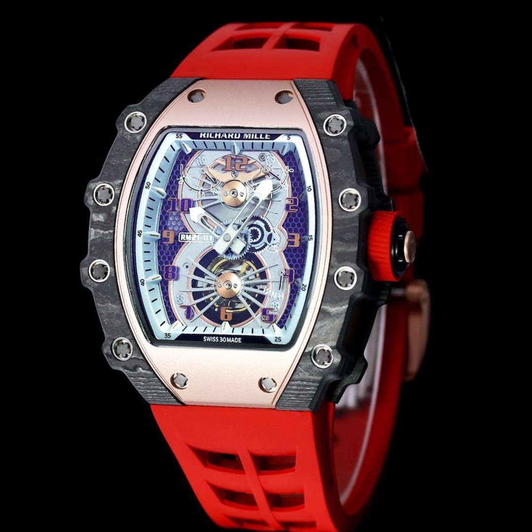Richard Mille RM21-01 Automatic Skeleton Watch 40MM Carbon Fiber Case Red Strap Aerospace Structure 20 Keyway Screws Premium Edition RM-RM21-01-CF-RED-SKL-40