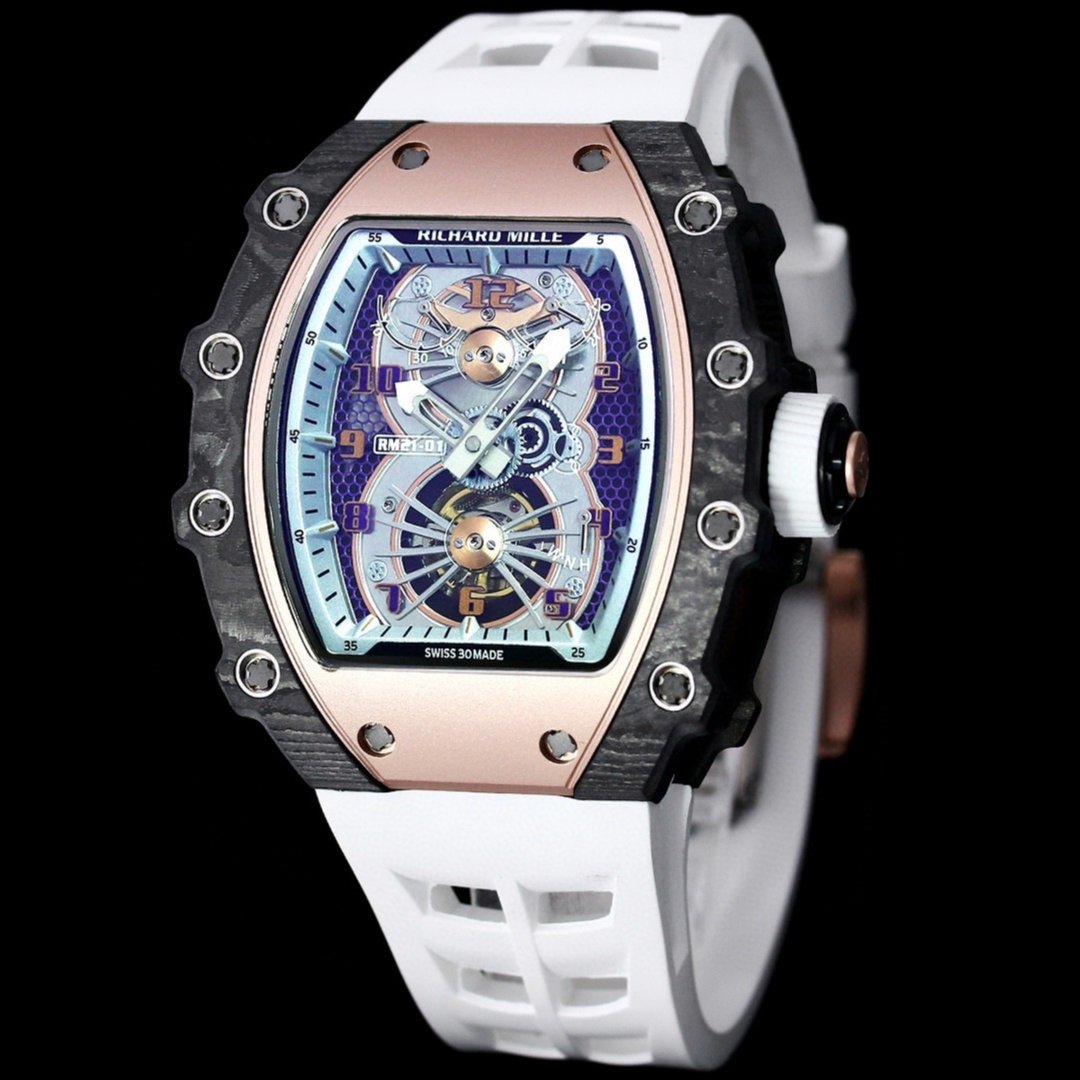 Richard Mille RM21-01 Automatic Skeleton Watch 40MM Carbon Fiber Case White Strap Aerospace Structure 20 Keyway Screws Premium Edition RM-RM21-01-CF-WHT-SKL-40