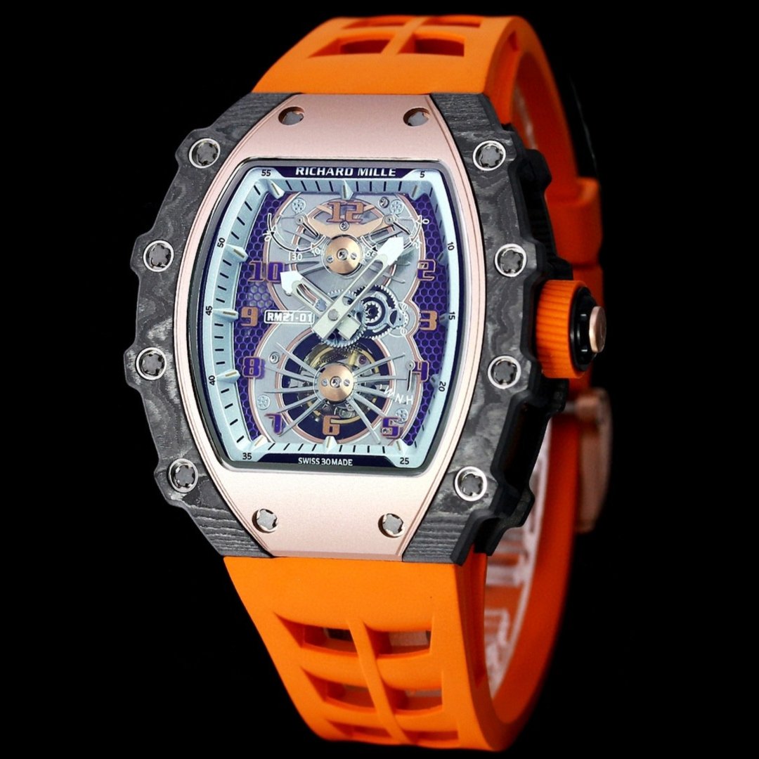 Richard Mille RM21-01 Automatic Skeleton Watch 40MM Carbon Fiber Case Orange Strap Aerospace Structure 20 Keyway Screws Premium Edition RM-RM21-01-CF-ORG-SKL-40