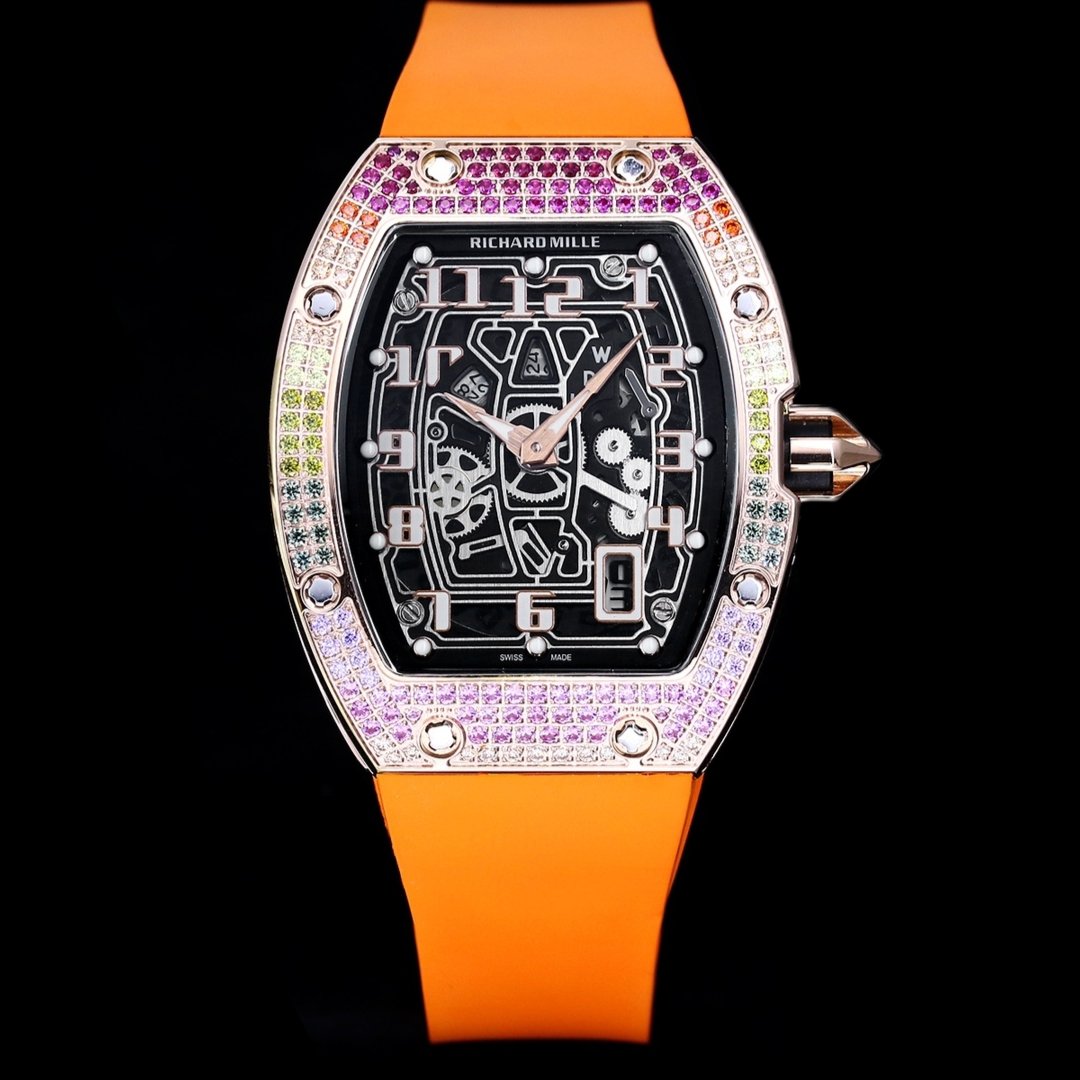 Richard Mille RM67-01 Automatic Ultra Thin Skeleton Watch 38/48MM Barrel Case Orange Strap Digital Hour Markers Premium EditionRM67-01-UT-ORG-DM48