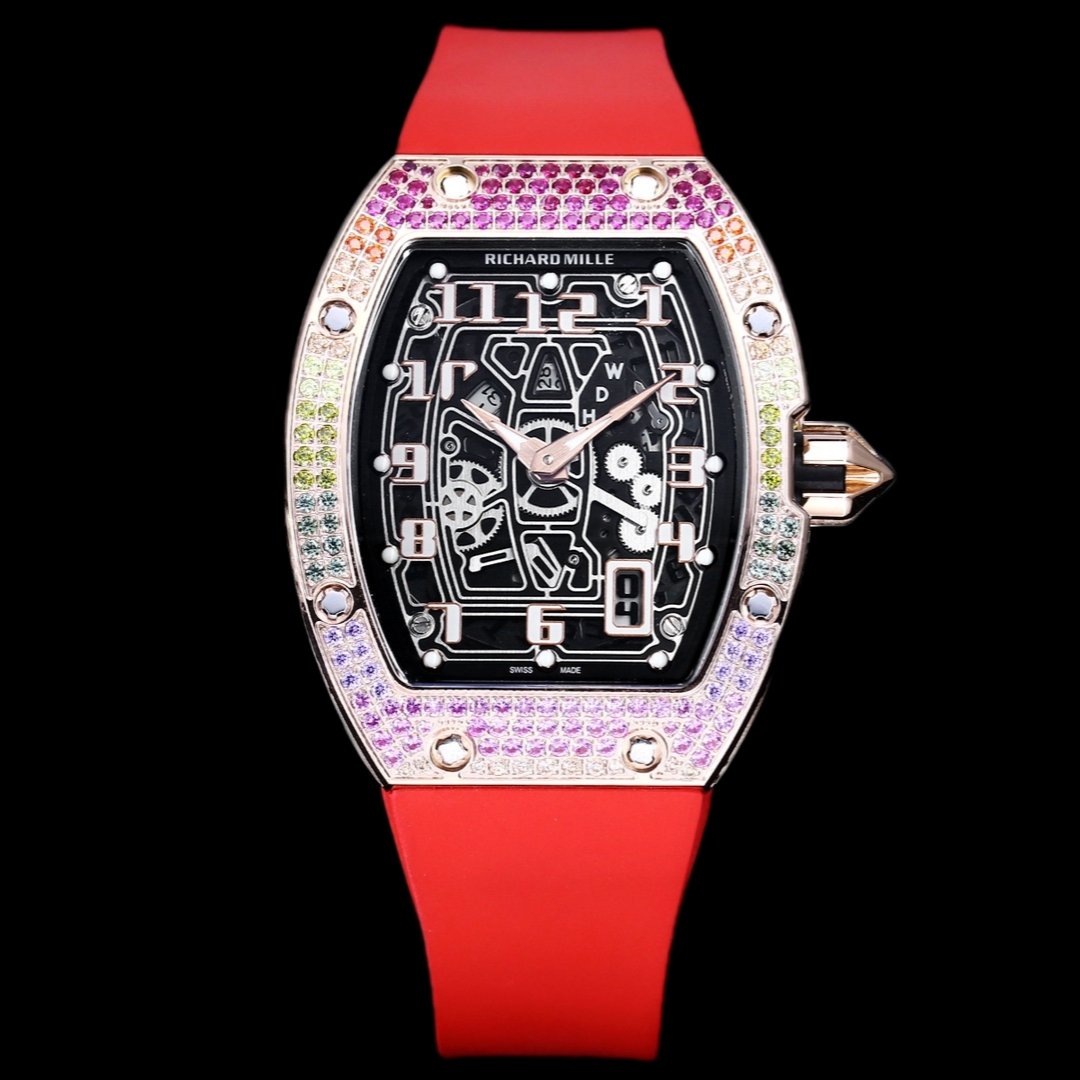 Richard Mille RM67-01 Automatic Ultra Thin Skeleton Watch 38/48MM Barrel Case Red Strap Digital Hour Markers Premium Edition RM67-01-AT-RED-SK48