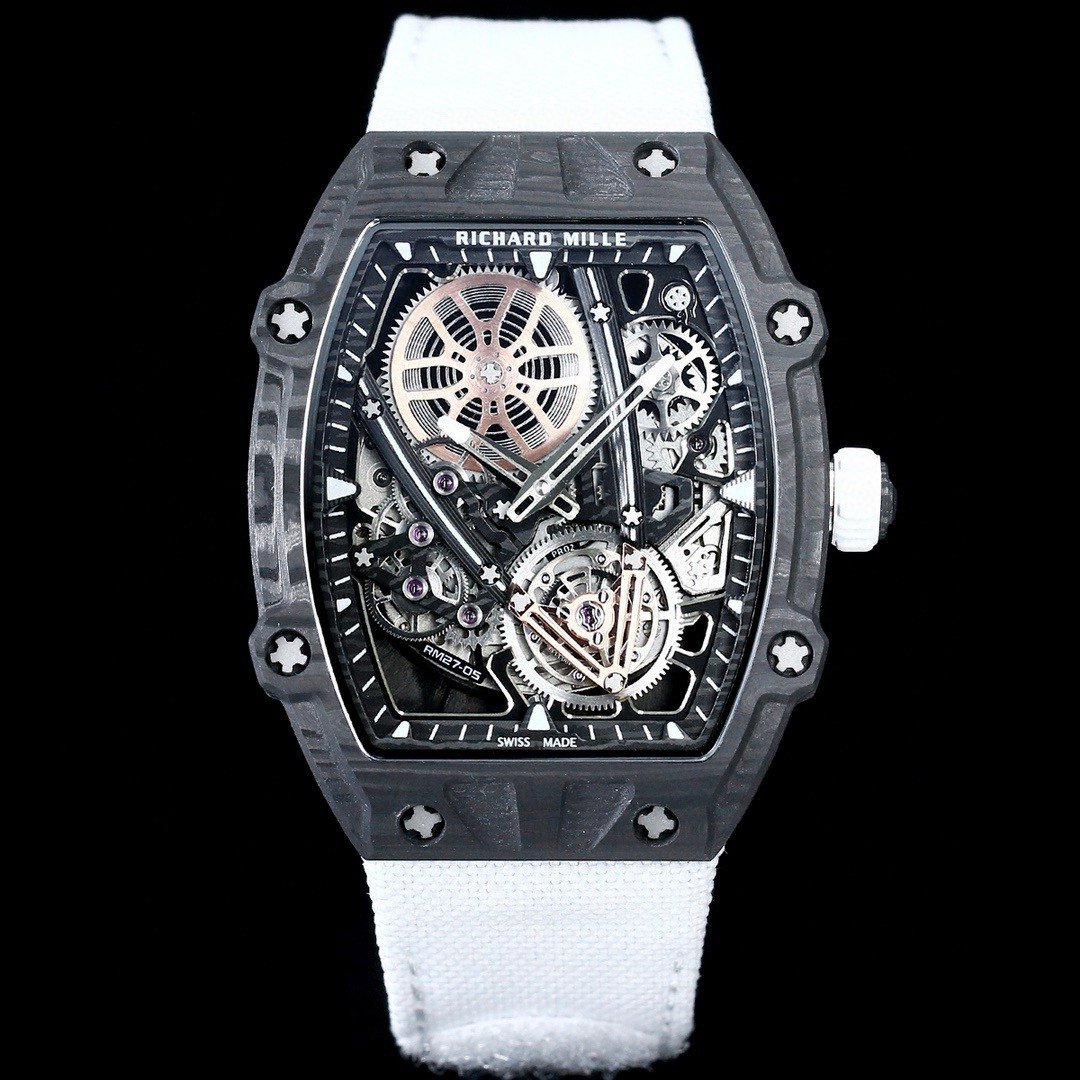 Richard Mille RM27-05 Rafael Nadal Flying Tourbillon Watch White Strap Ultra Light Carbon TPT Skeleton 38g Ultra Thin 9MM Premium Edition RM-RM27-05-RN-WHT-F38