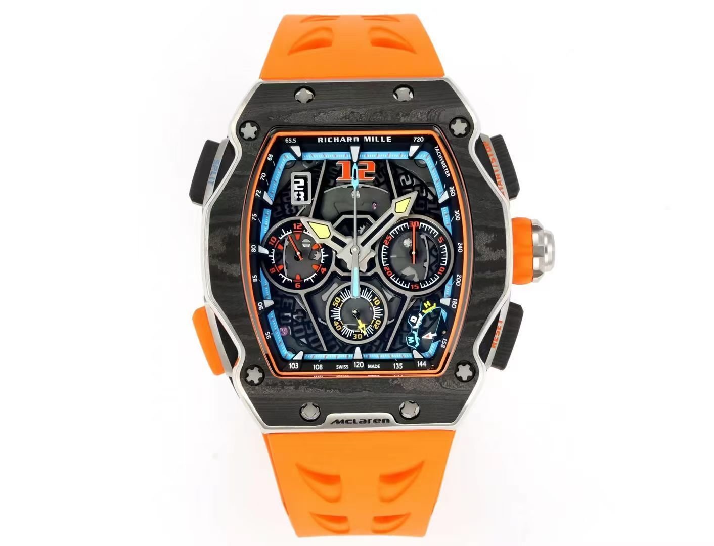 Richard Mille RM65-01 McLaren W1 Automatic Chronograph Watch Orange Strap Carbon TPT Titanium Skeleton Dial RMAC4 Movement Premium Edition RM65-01-MCL-W1-ORG