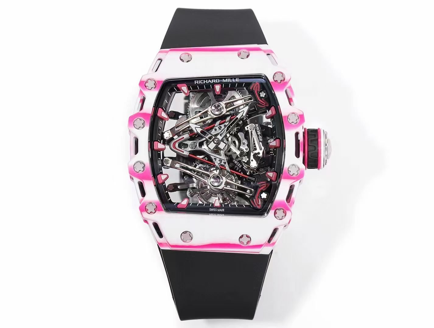 Richard Mille RM38-02 Tourbillon Bubba Watson Watch Pink Quartz Carbon Fiber Skeleton Dial Golf Inspired Manual Winding Movement 10000G Shock Resistant RM38-02-BW-PQC-TB10